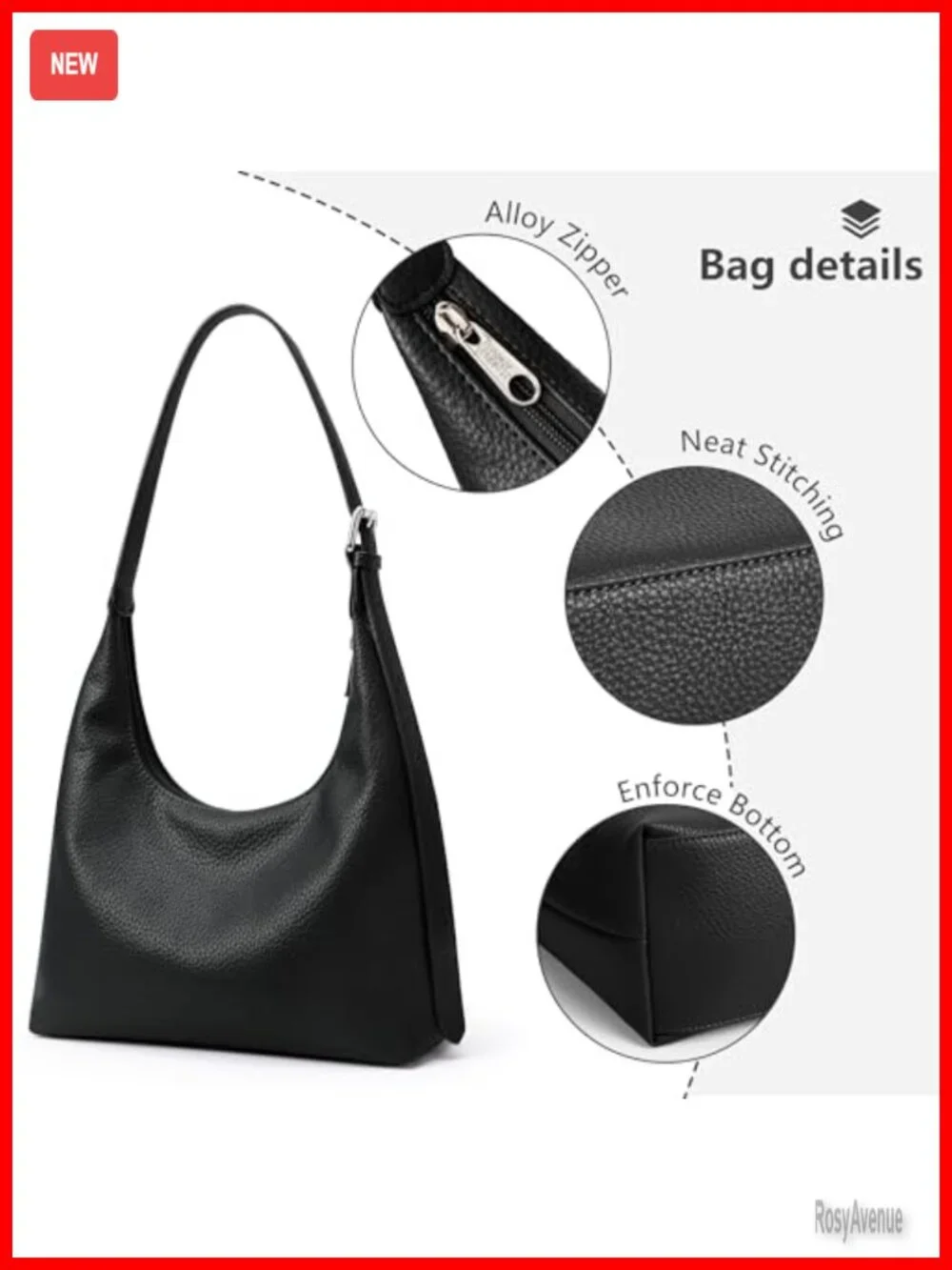 Vegan Leather Crescent Hobo Bag with Zipper Shoulder Strap